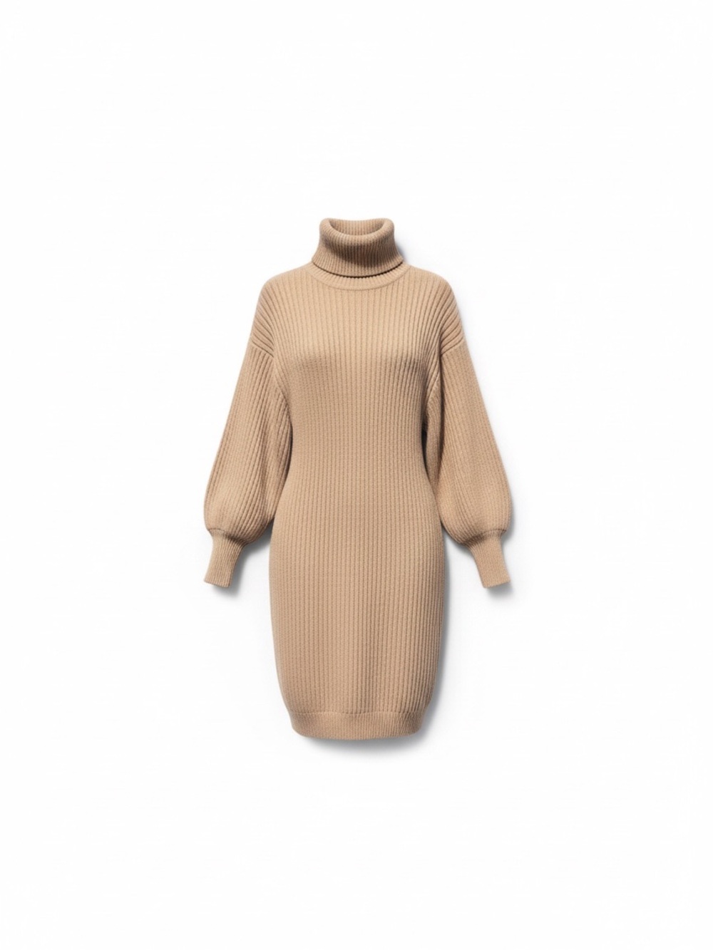 ANRABESS Women’s Small Taupe Ribbed Turtleneck Sweater Dress Balloon Sleeve